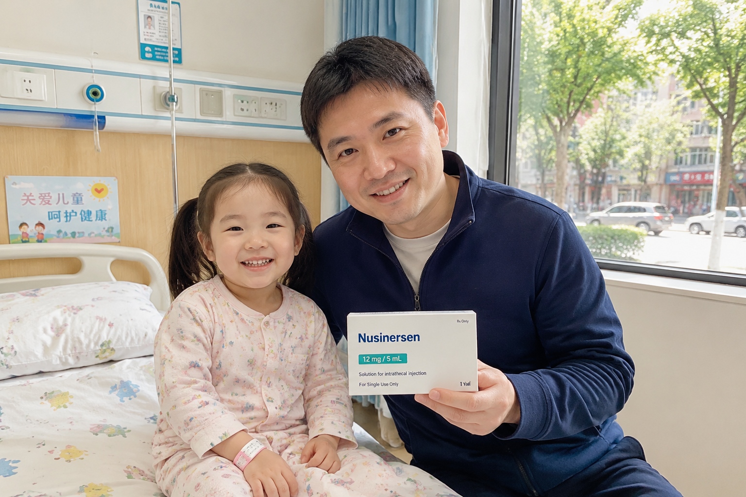 Chinese father holding a box of spinal muscular atrophy drug nusinersen while his young daughter smiles in a hospital bed