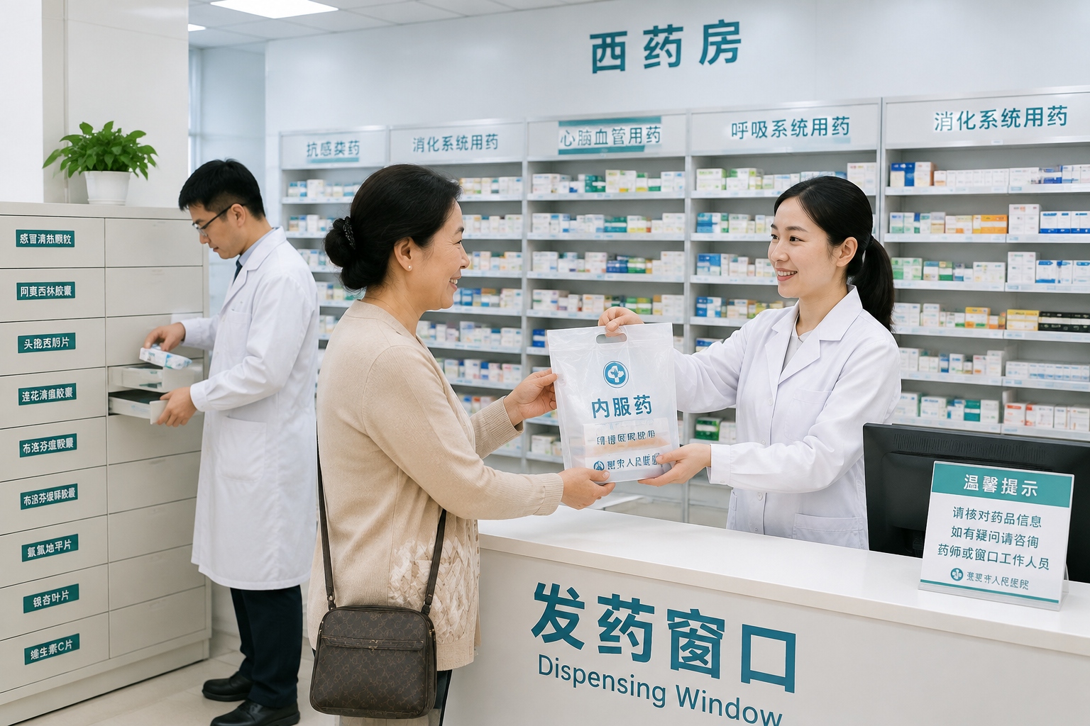Hospital pharmacy in China with pharmacists preparing prescription medicine for a patient, shelves stocked with insurance-covered drugs