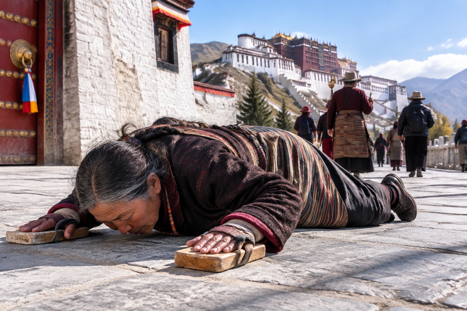 Tibetan pilgrim performing a full-body prostration on the stone ground near the Potala Palace in Lhasa, wearing a thick apron and wooden blocks on her hands.