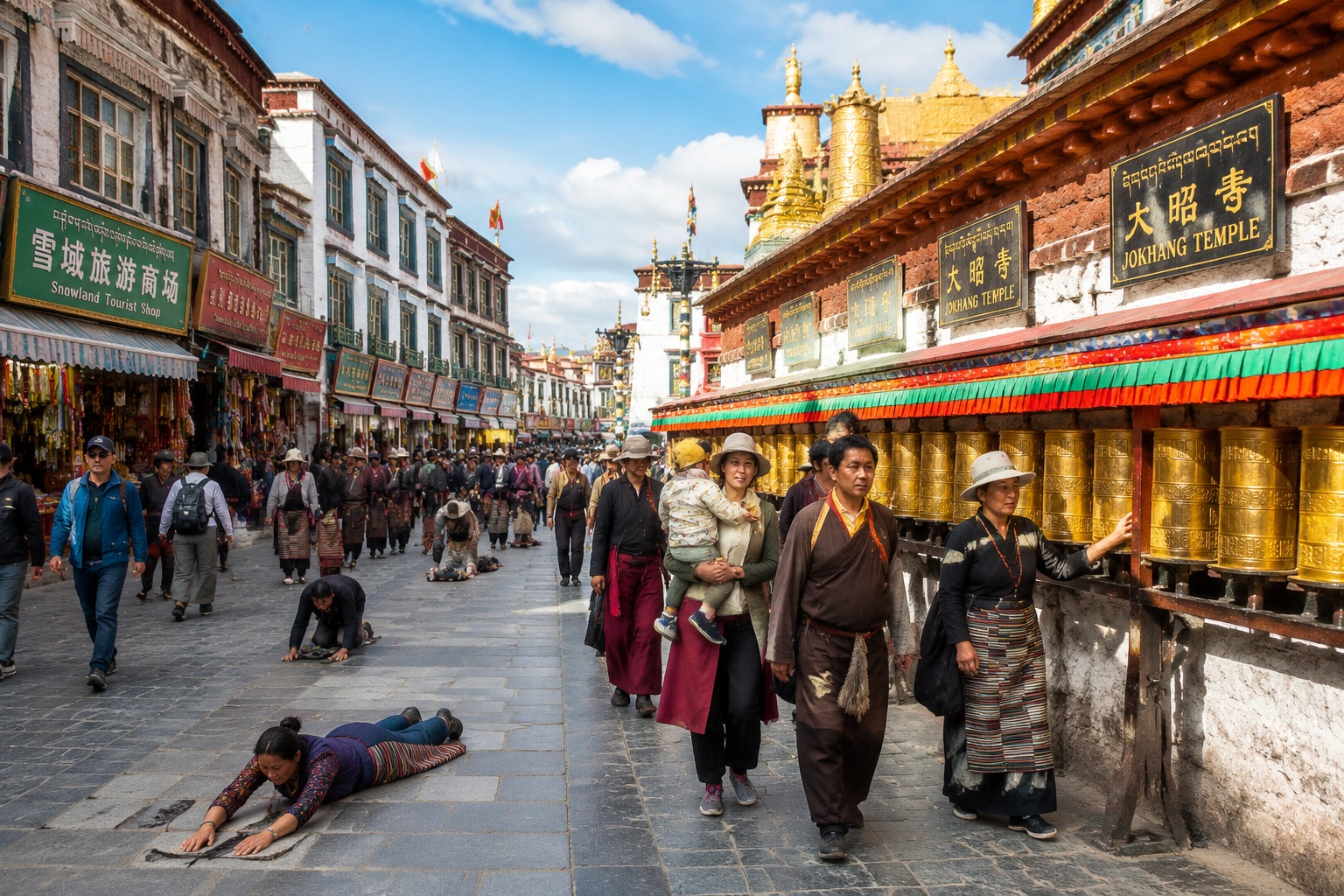 Pilgrims walking clockwise around the Jokhang Temple on Barkhor Street in Lhasa, spinning prayer wheels and prostrating on the pavement, with shops selling prayer flags and rosaries.