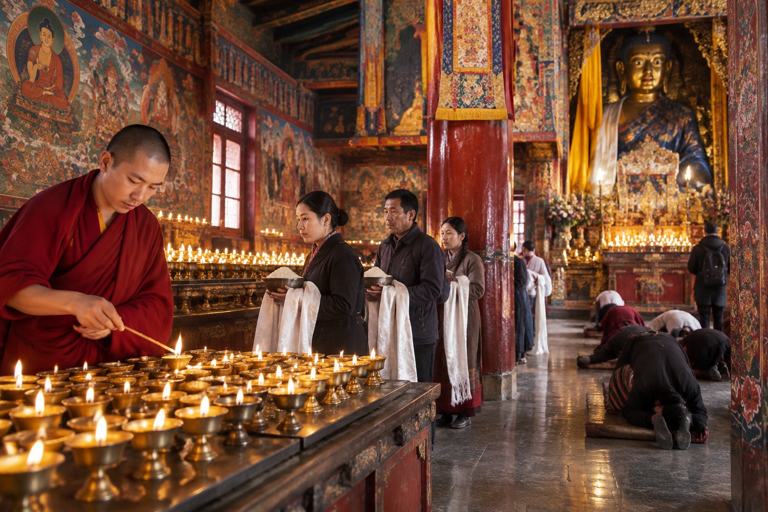 Inside Jokhang Temple in Lhasa, a monk lights butter lamps as pilgrims offer barley flour and prostrate before the sacred Jowo Shakyamuni statue.