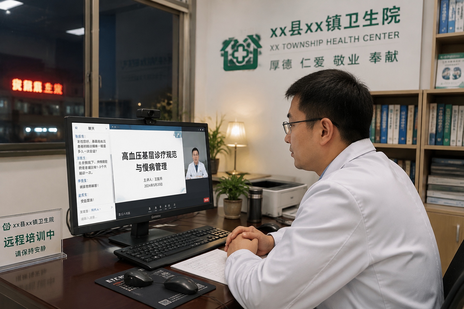 Chinese township doctor attending an online continuing medical education course at night in her small office