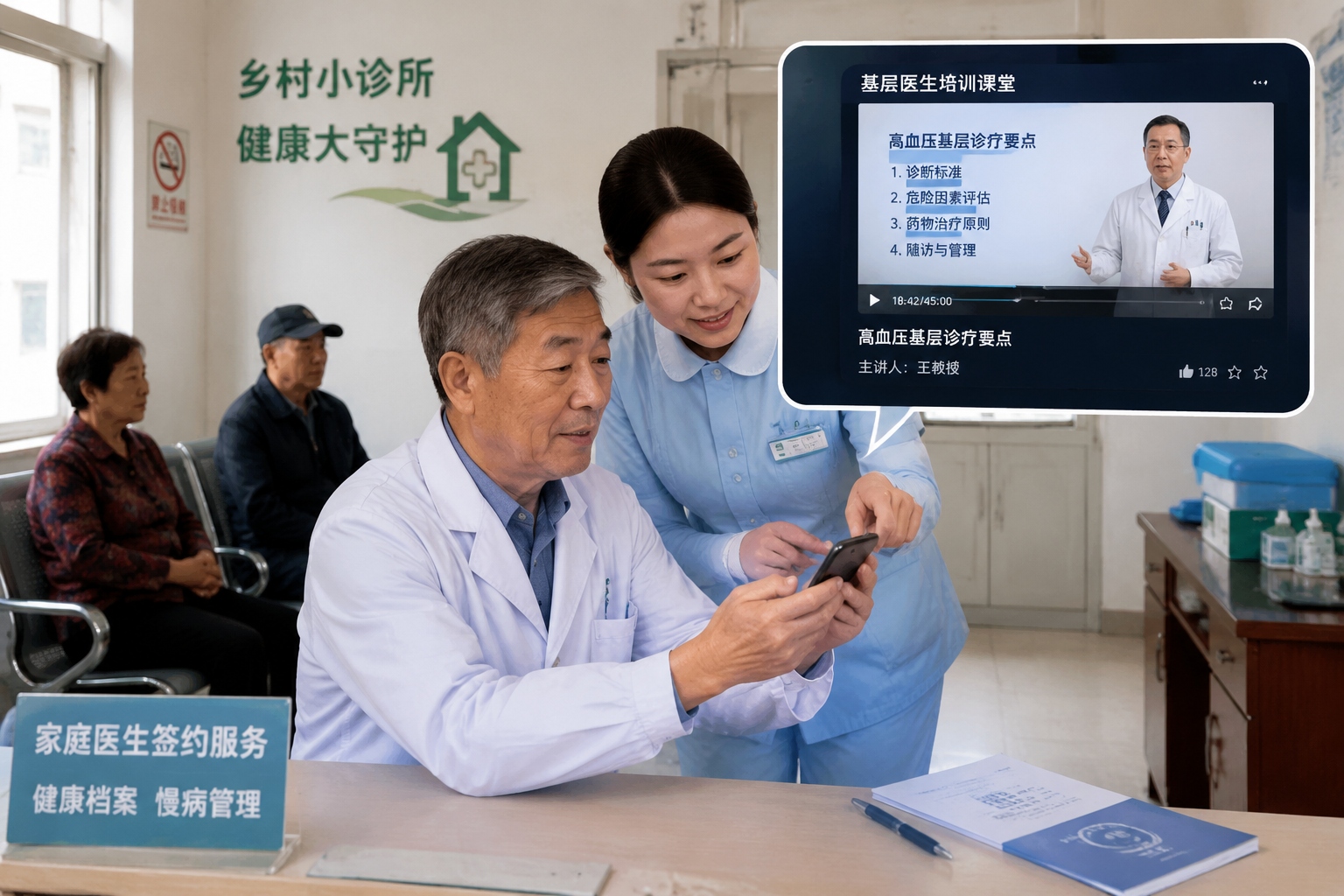 Rural doctor learning from an online medical course on a smartphone with help from a younger nurse in a village clinic