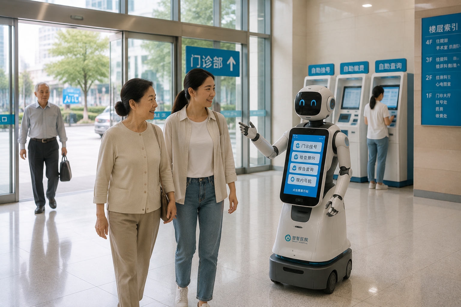 Patients interacting with a service robot and self-service kiosks at a Chinese county-level smart hospital.