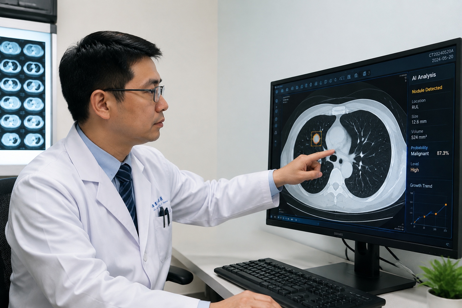 A radiologist reviewing a CT scan with AI-assisted software at a fourth-tier city hospital in China.