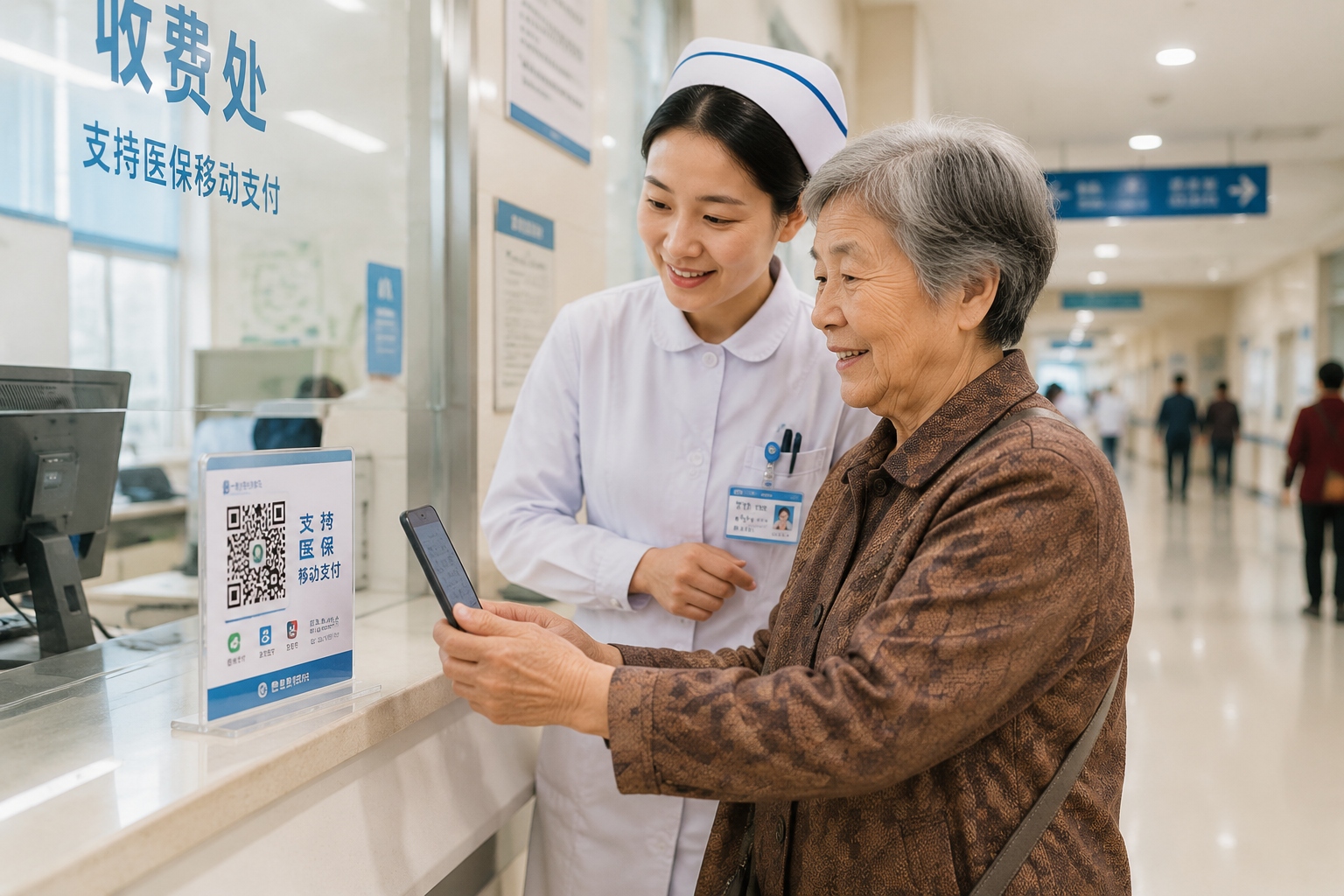 An elderly patient paying for hospital bills with a QR code on his phone, assisted by a nurse.