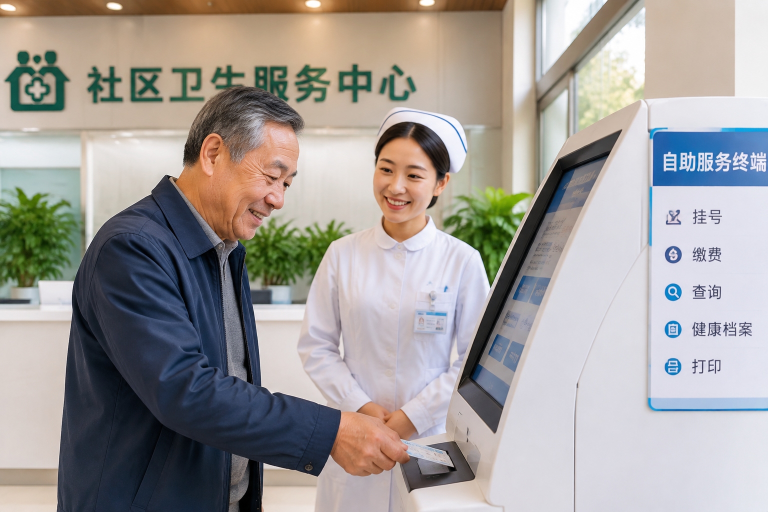 Elderly man using self-service kiosk at a community health center in China with a nurse assisting