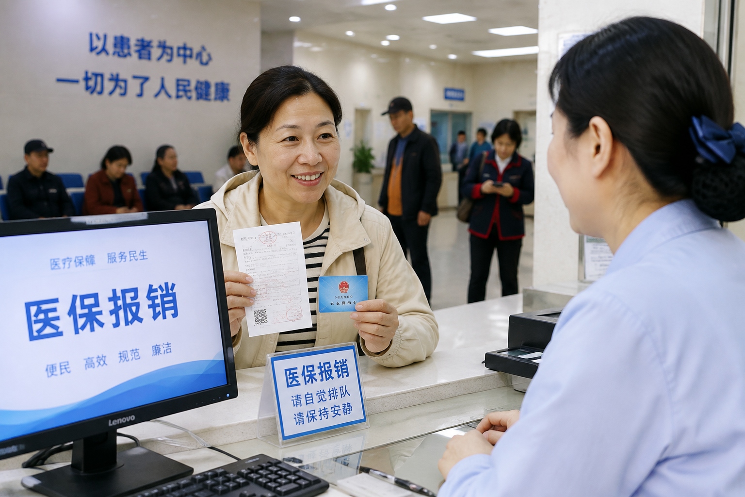 Woman at hospital insurance counter receiving reimbursement documents, showing her social insurance card