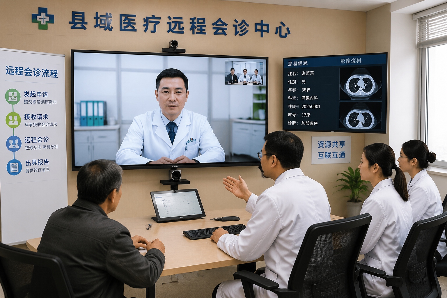 Doctor in a Chinese county hospital using telemedicine screen to consult with a specialist in a city hospital