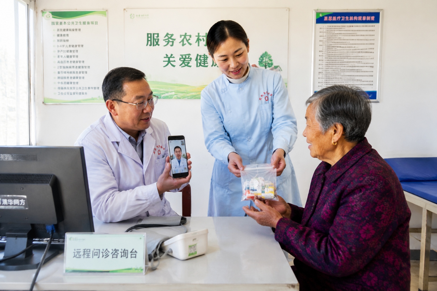 Rural doctor in Gansu using a smartphone for a video consultation with an elderly patient, with low-cost medicines on table