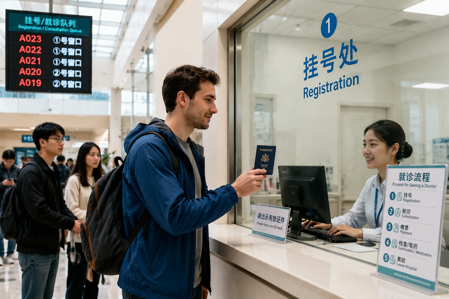 Foreign patient registering at a Beijing public hospital counter with his passport