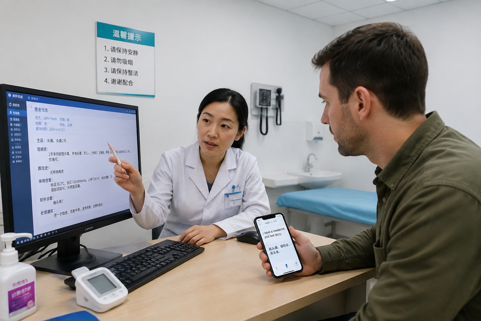 Female doctor talking to a foreign patient who uses a translation app in a Chinese hospital room
