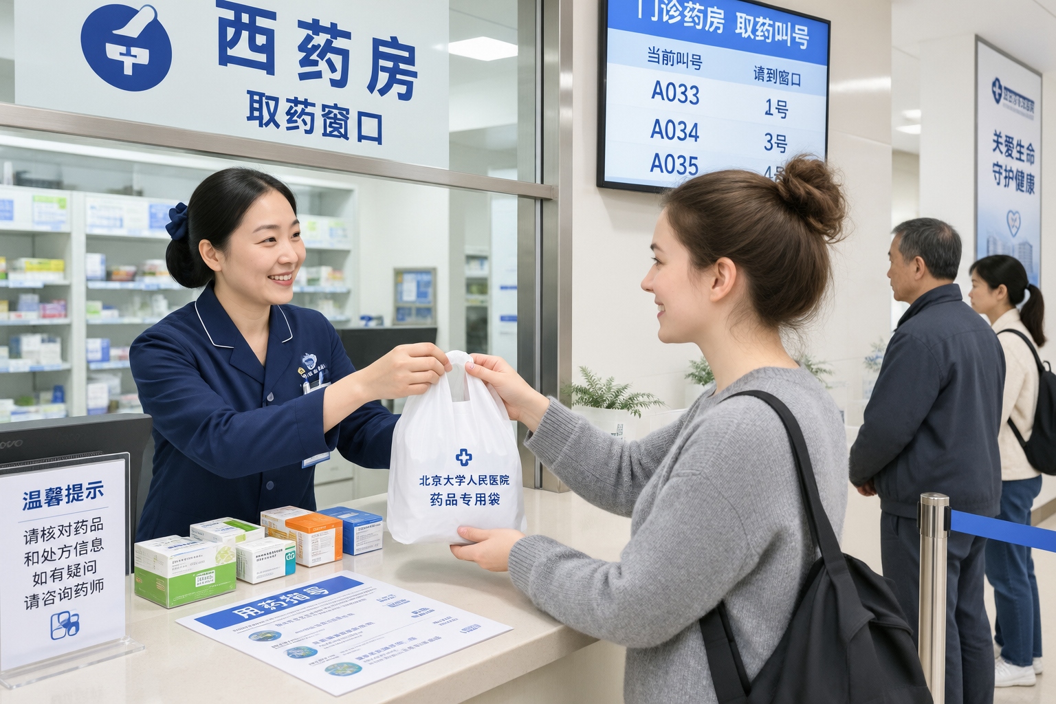 Foreign patient collecting prescription medicine from a hospital pharmacy in China