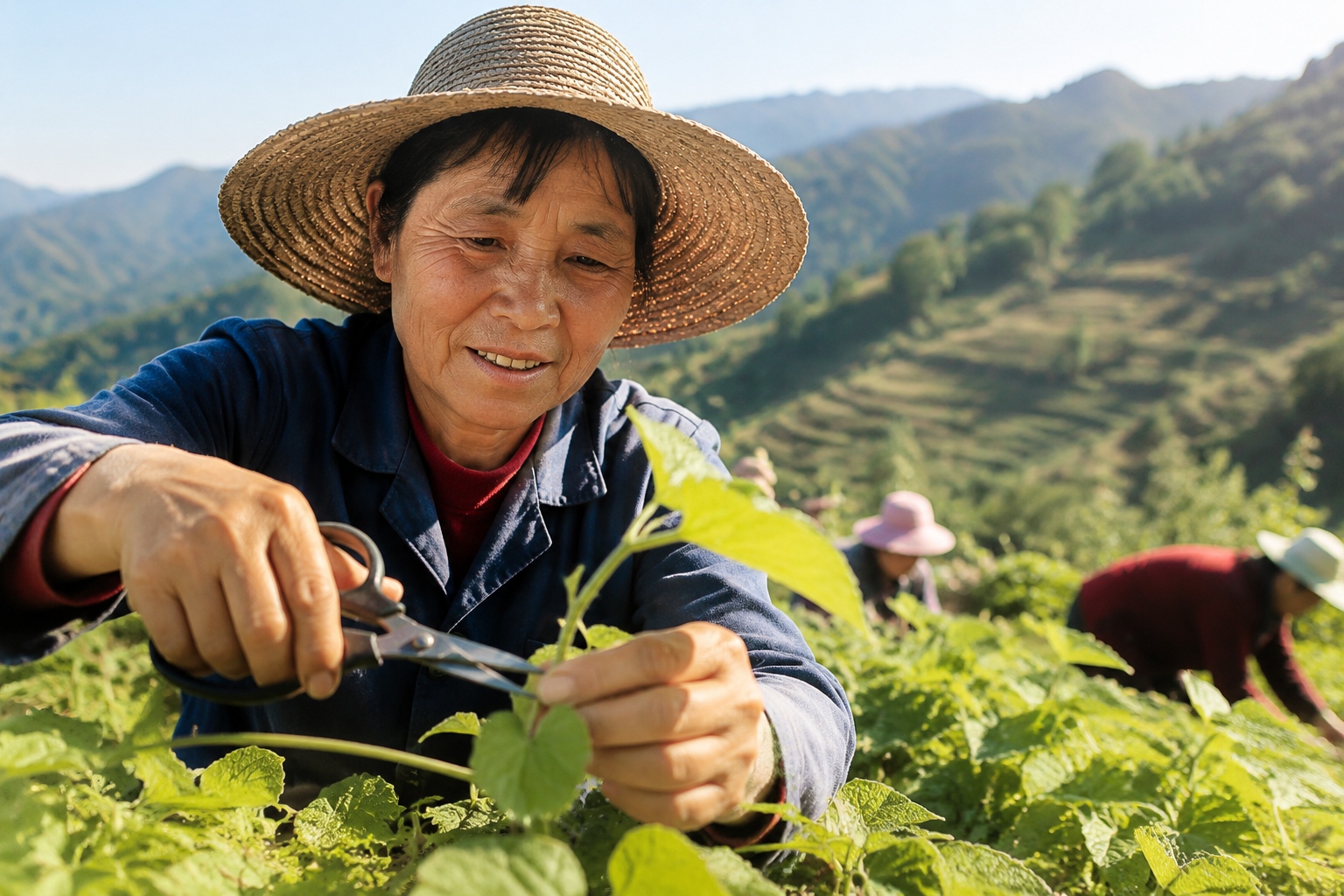 Wu Guifen harvesting dangshen (codonopsis) in a terraced field in Yunnan, China