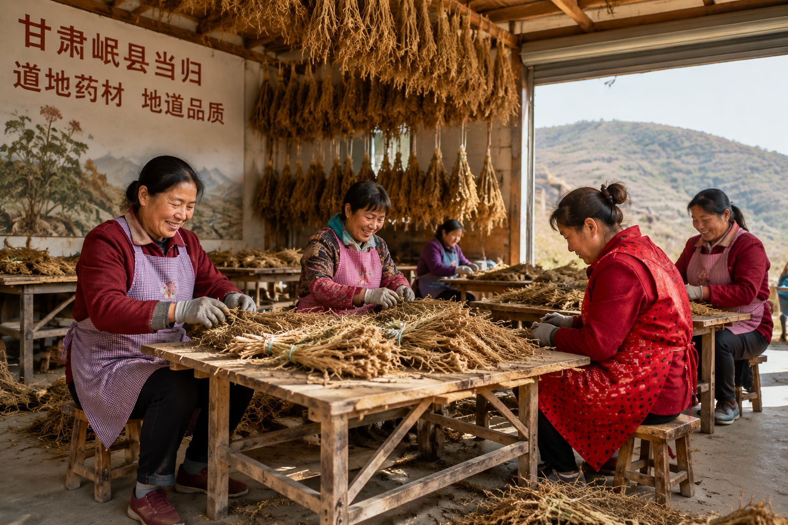 Workers sorting and cleaning angelica root in a drying shed in Gansu province