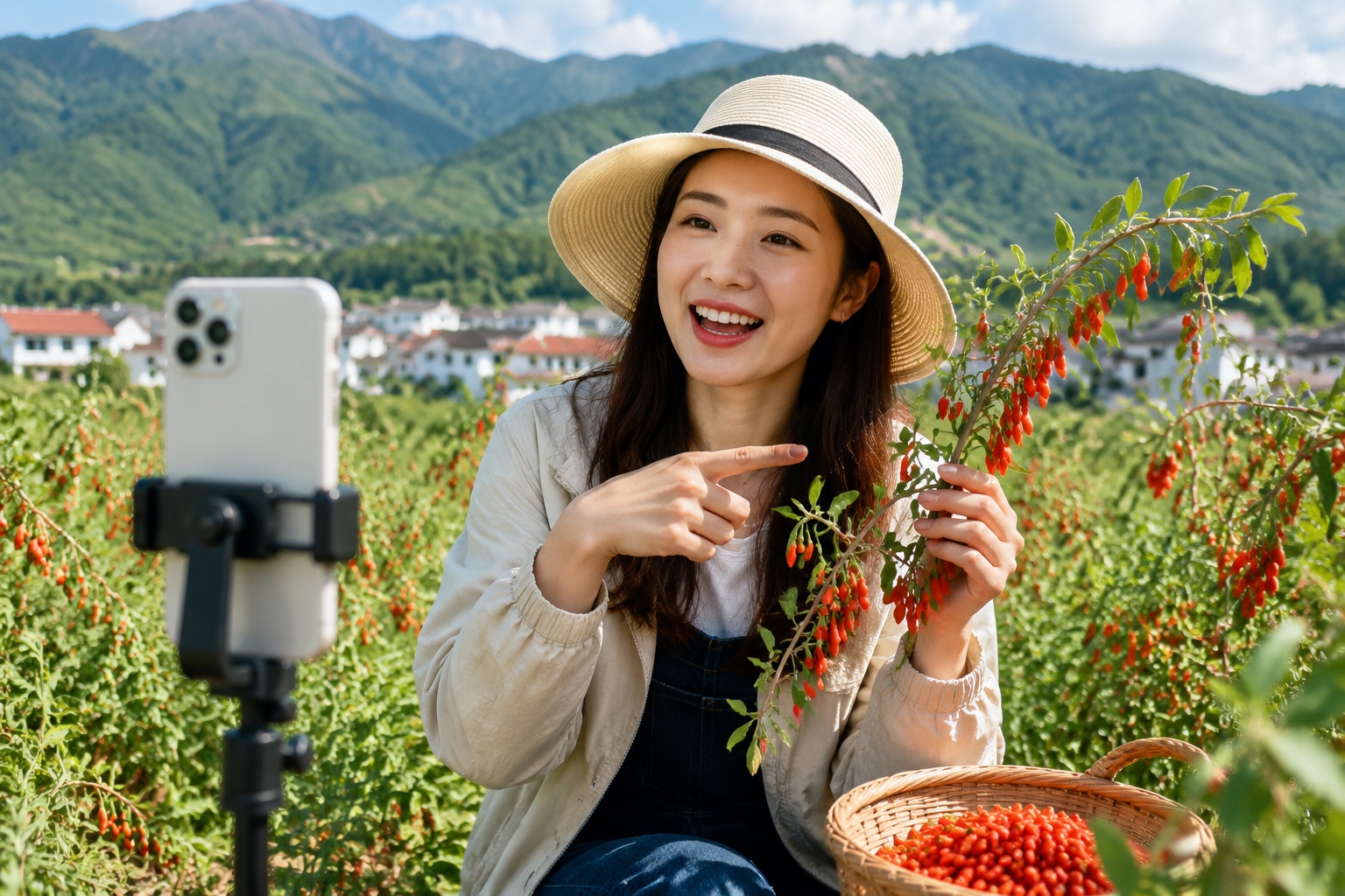 Young woman livestreaming goji berry harvest from a village field in China