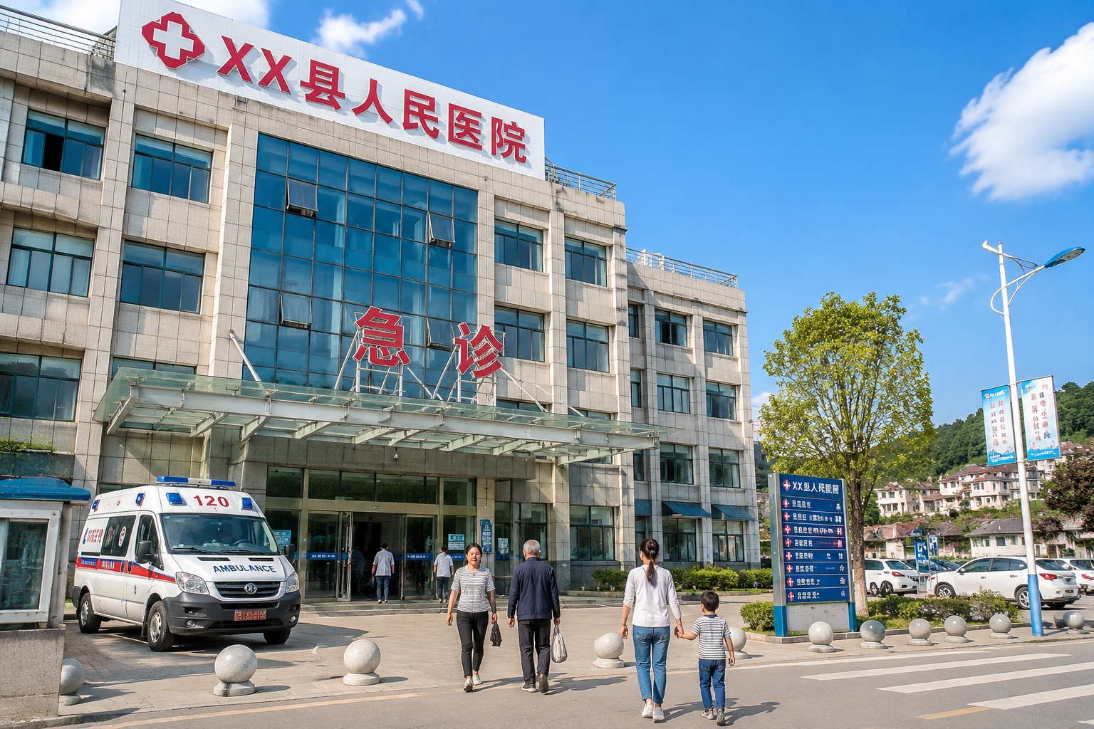New county hospital building in a small Chinese town with patients entering through the main entrance