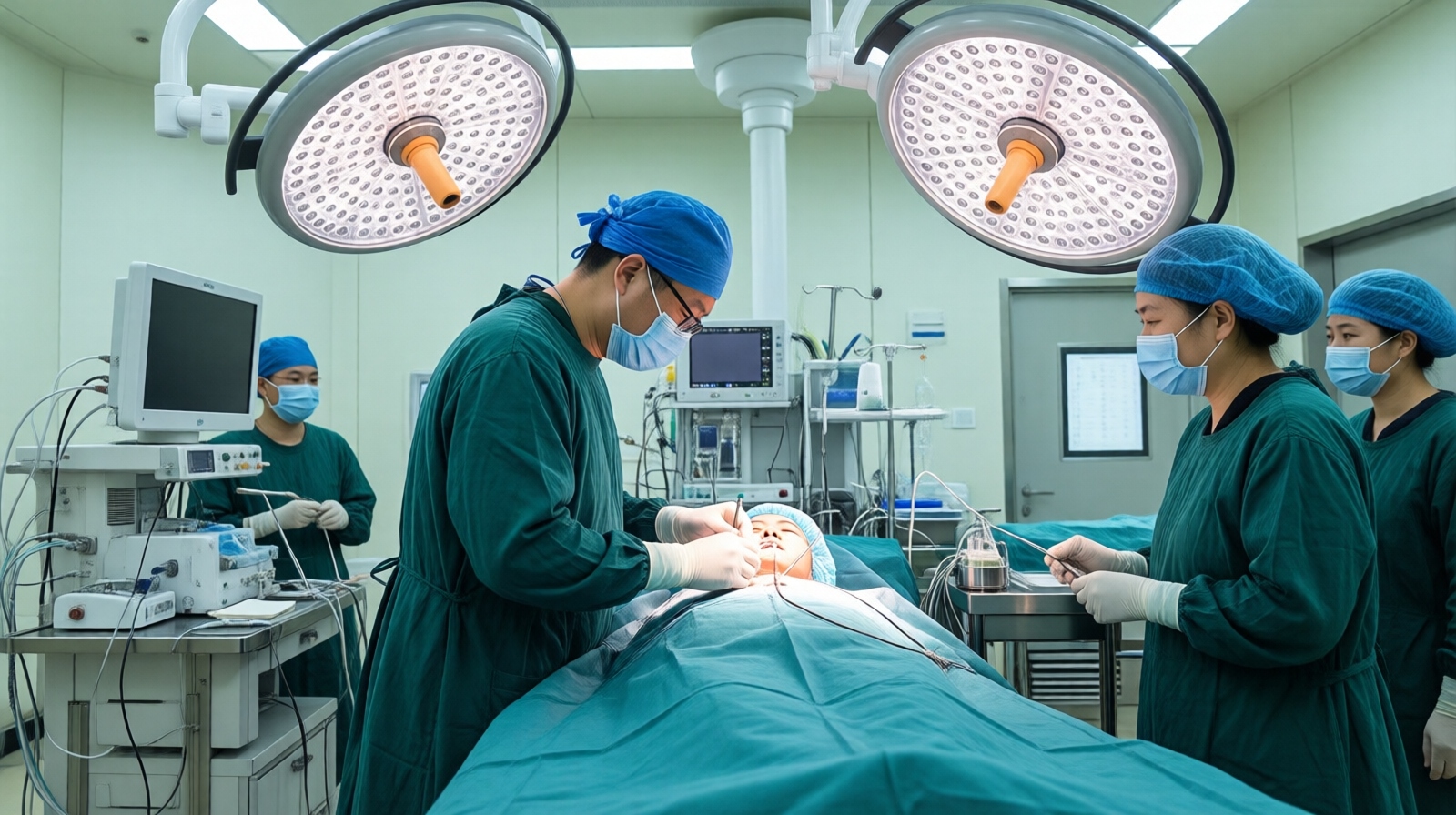 Surgeons performing a minimally invasive surgery at a Chinese county hospital operating room