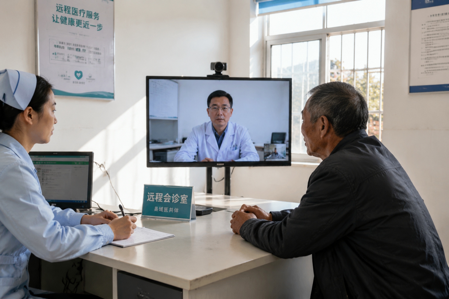 Telemedicine consultation between a patient in a Chinese county clinic and a city specialist shown on screen