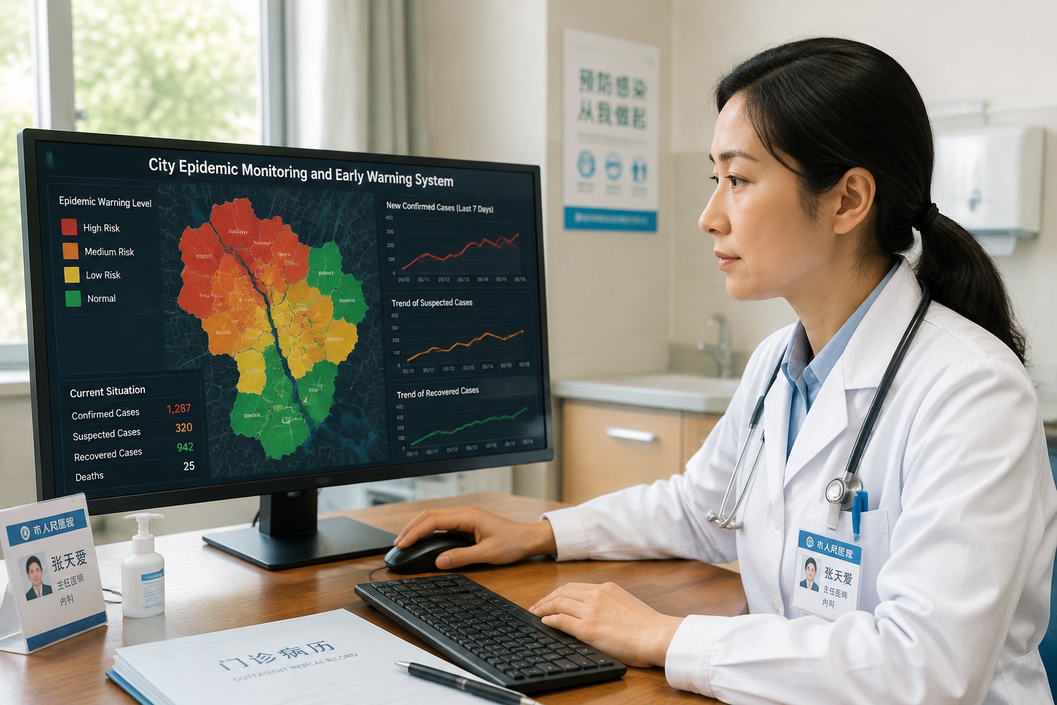 Doctor in a Chinese clinic reviewing an epidemic prediction dashboard on her computer, showing outbreak risk maps and trend lines