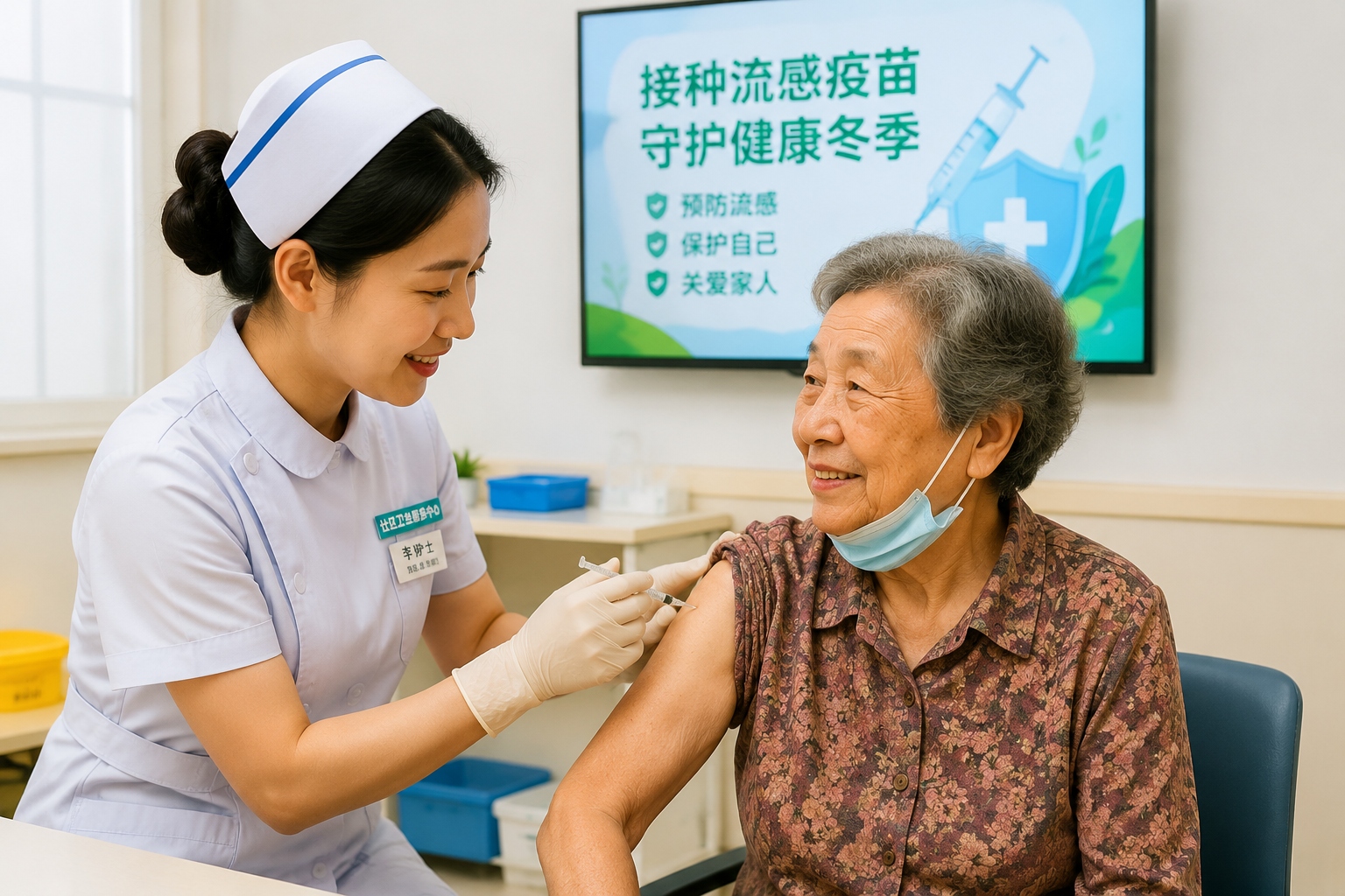 Elderly woman receiving a flu vaccine at a community health center in China, with a health reminder on a digital display in the background