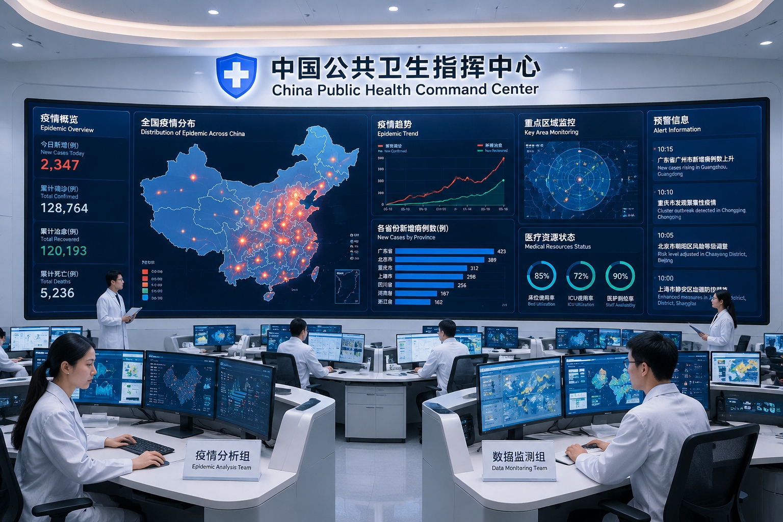 Public health analysts monitor a large epidemic prediction wall screen with real-time maps and data curves in a command center in China