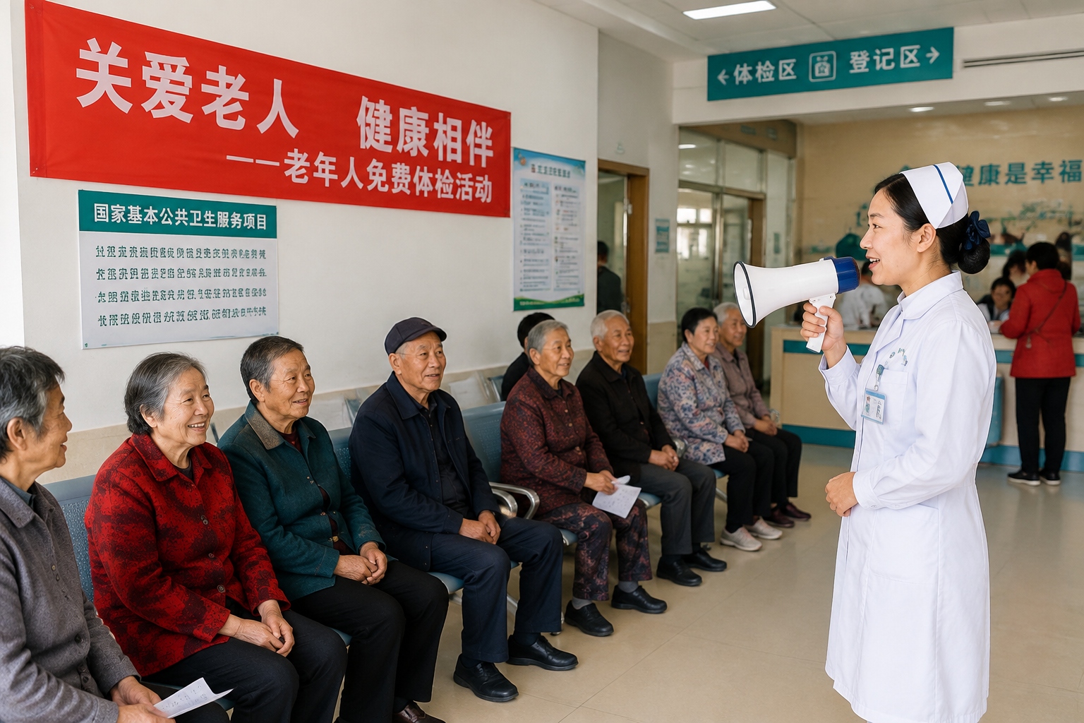 Elderly Chinese residents wait for their appointments at a community health center in a Chinese city
