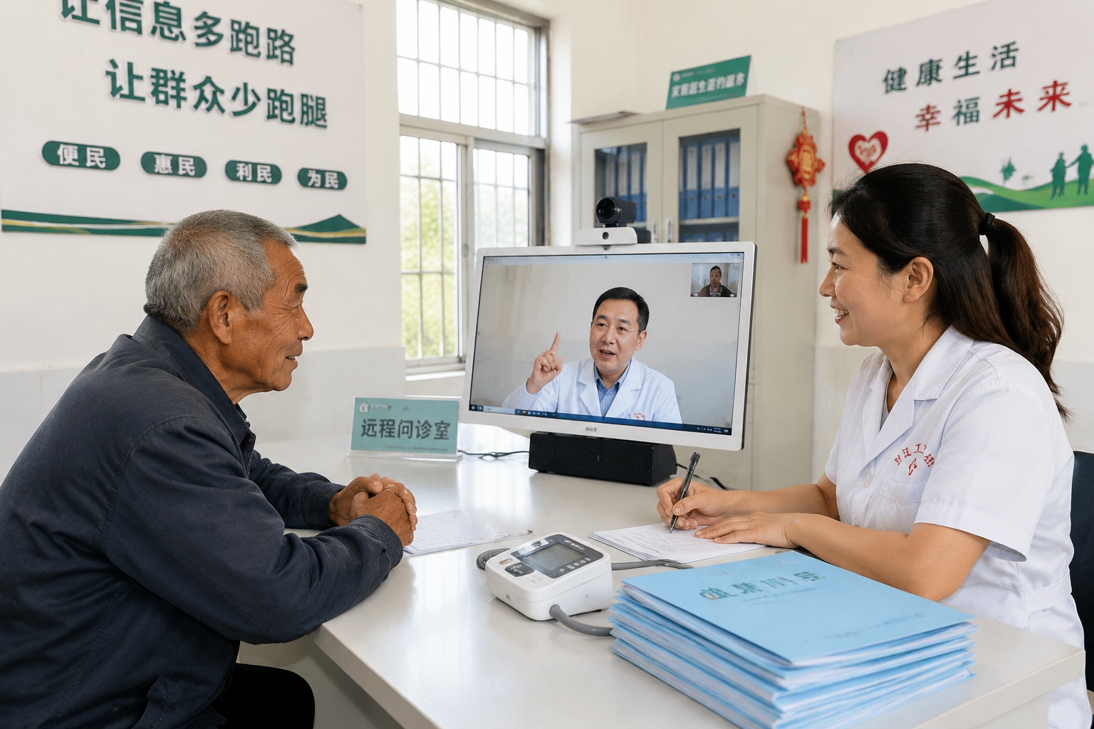 A rural Chinese senior consults with a city specialist via video link at his local village clinic