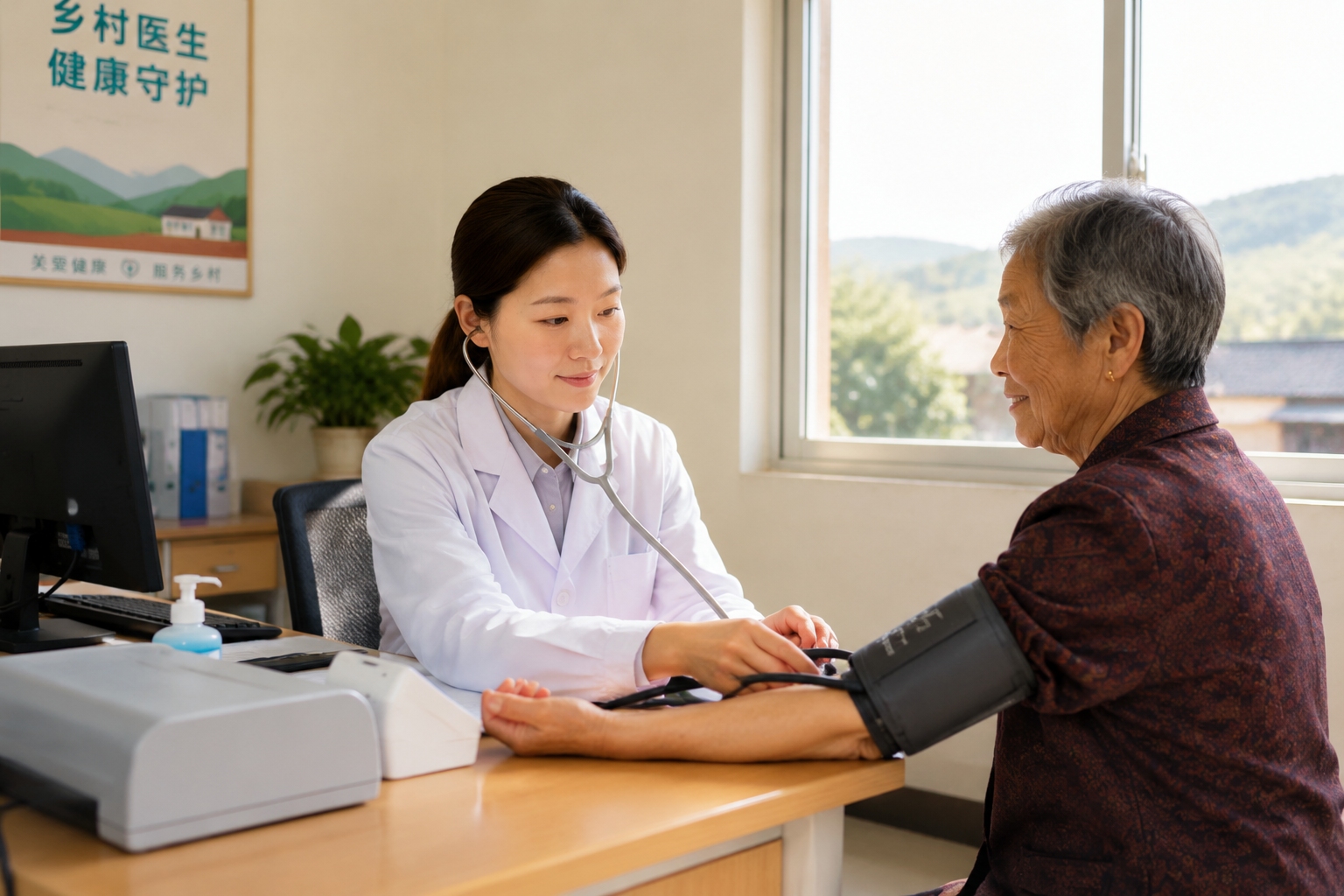 A rural clinic doctor in China measures an elderly patient's blood pressure during a morning consultation.