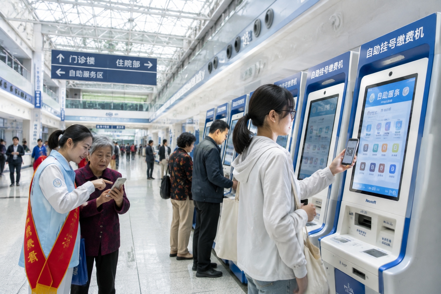 Patients in a Beijing hospital use self-service kiosks to register and pay, while volunteers assist older visitors.