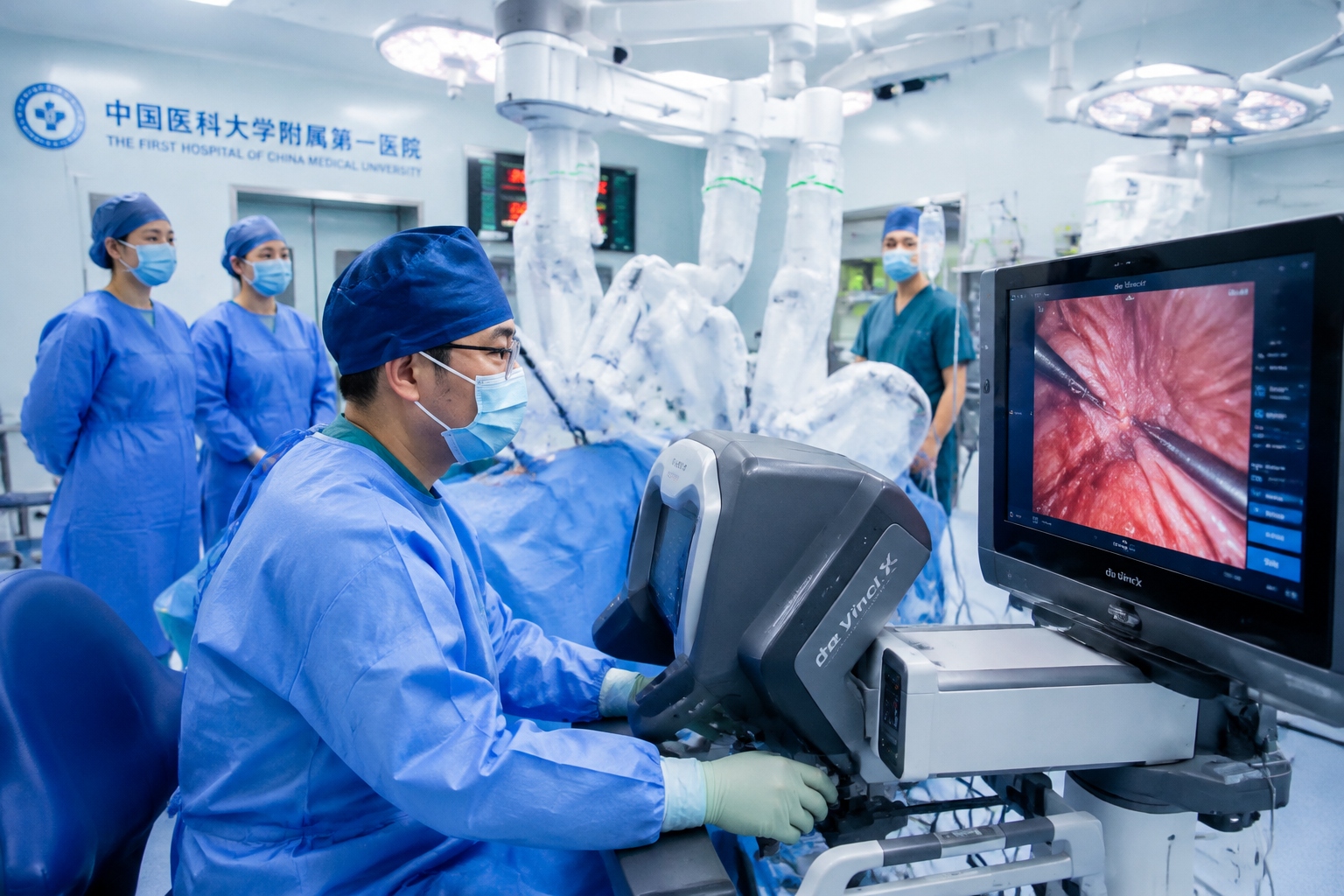 A Chinese surgeon uses a robotic surgical system during an operation, with monitors displaying magnified views.