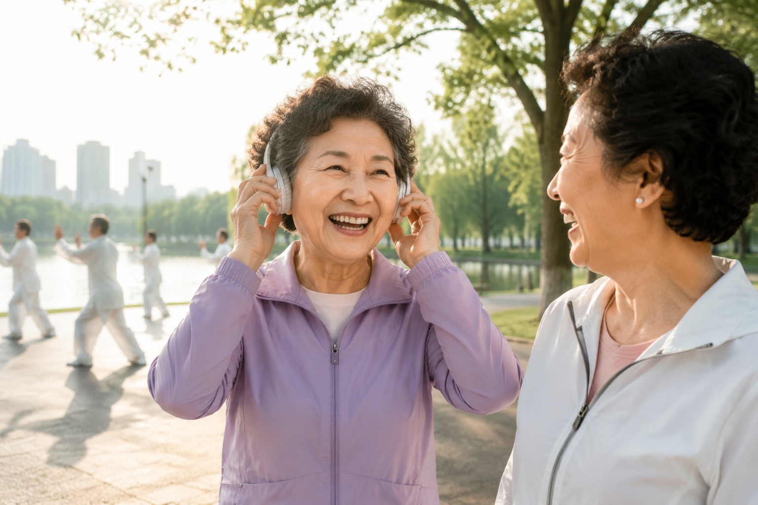 Happy senior citizen wearing square dancing headphones in a quiet park