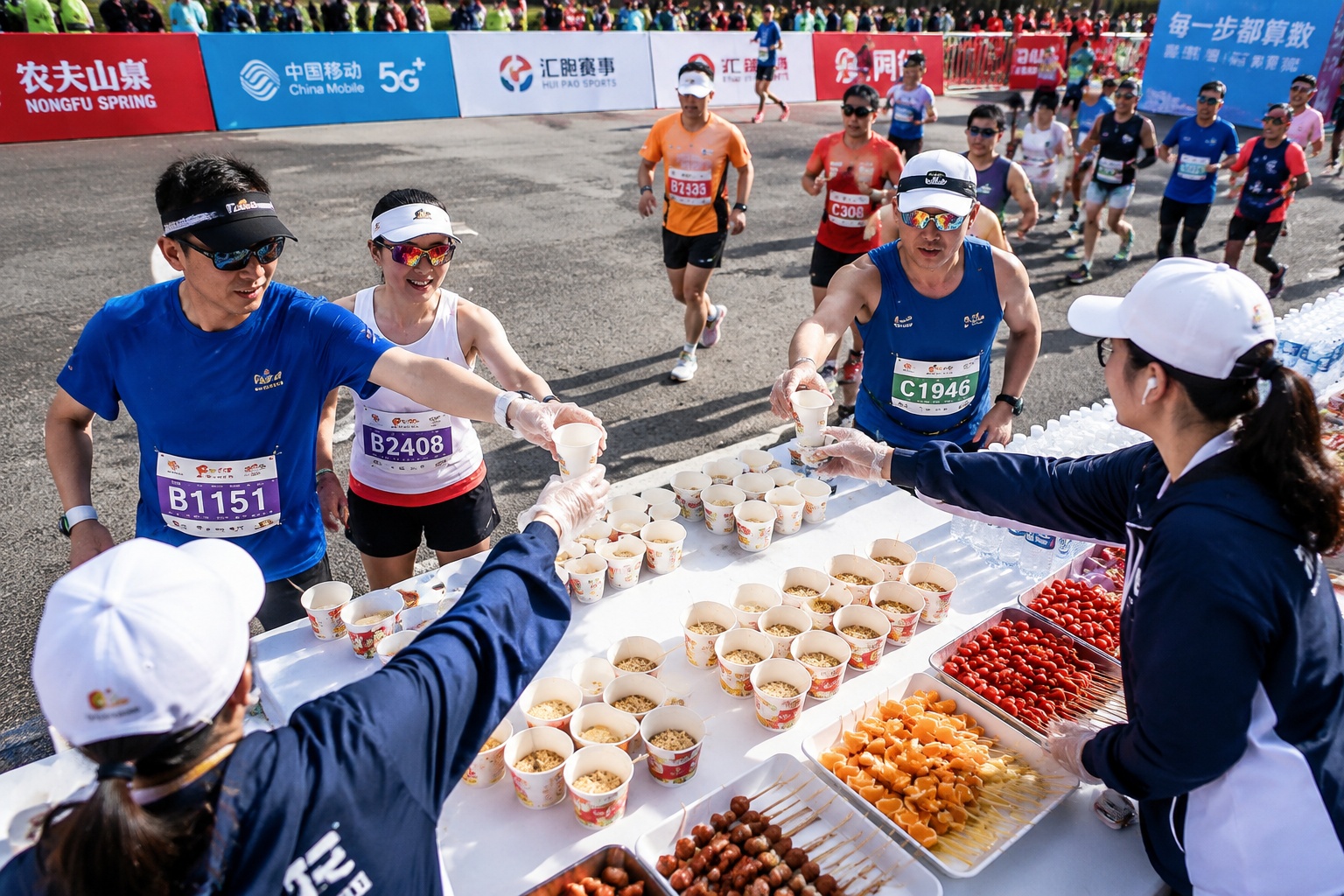 Chinese marathon aid station with local food and volunteers