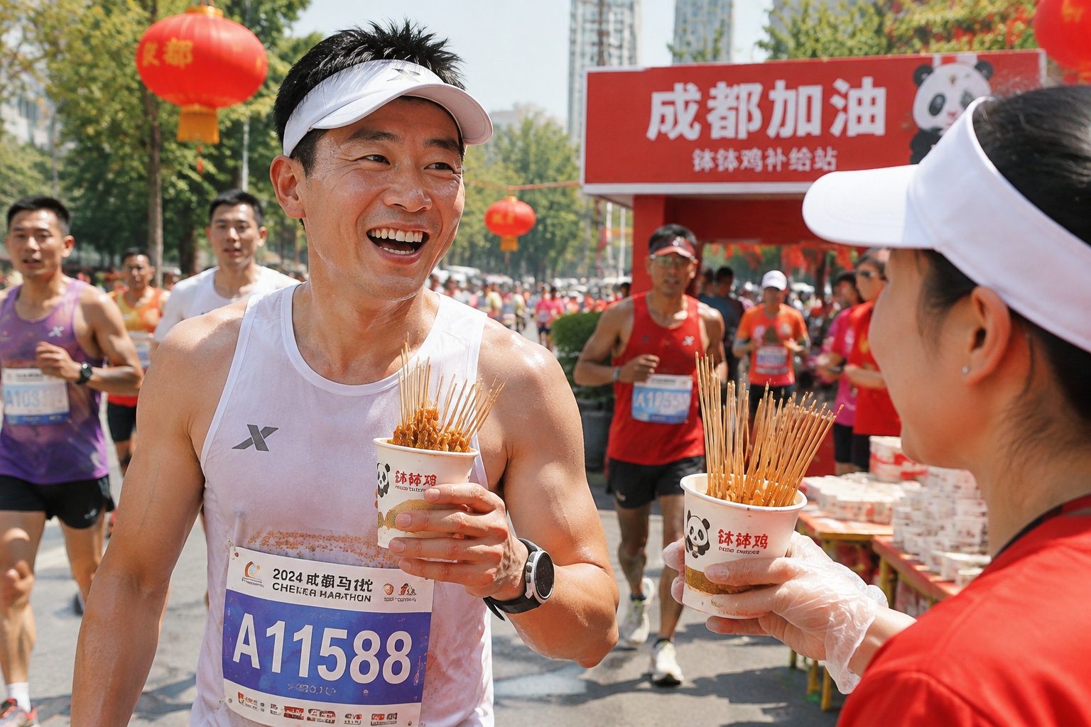 Runner eating bobo chicken skewers at Chengdu Marathon