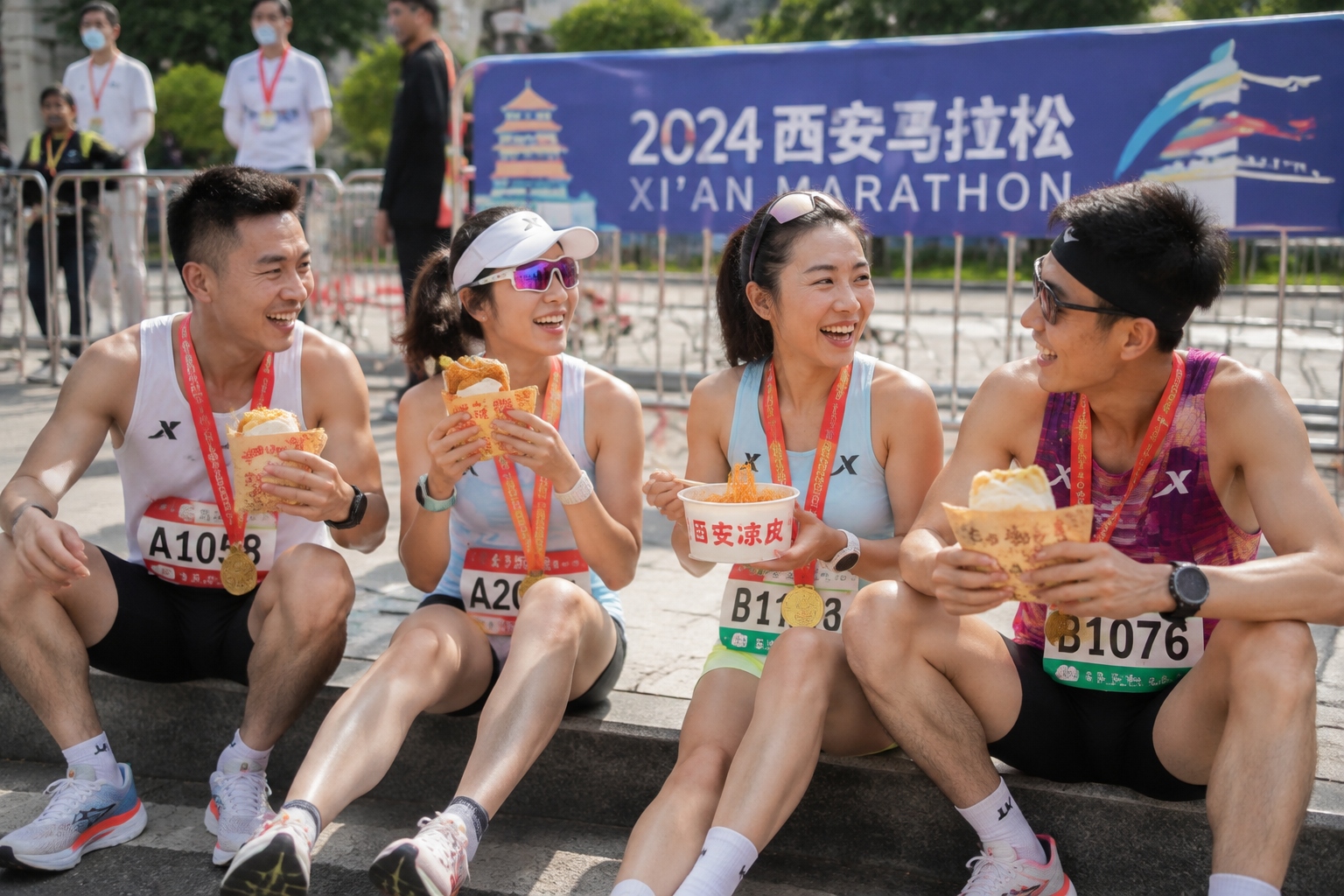 Runners eating local food after finishing marathon in Xi'an