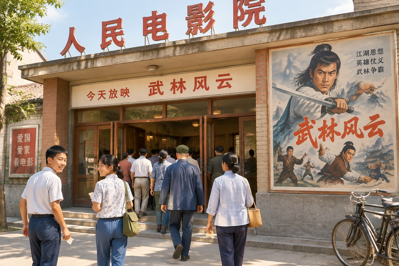 People queuing outside a Chinese cinema in the early 1980s, with a poster for Shaolin Temple