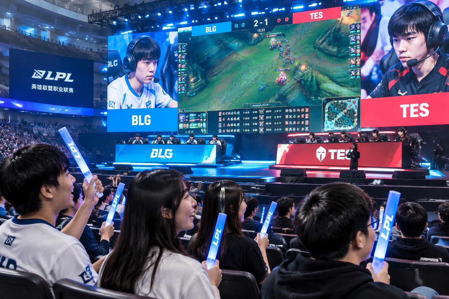 Young Chinese spectators cheering at an esports tournament in a modern arena