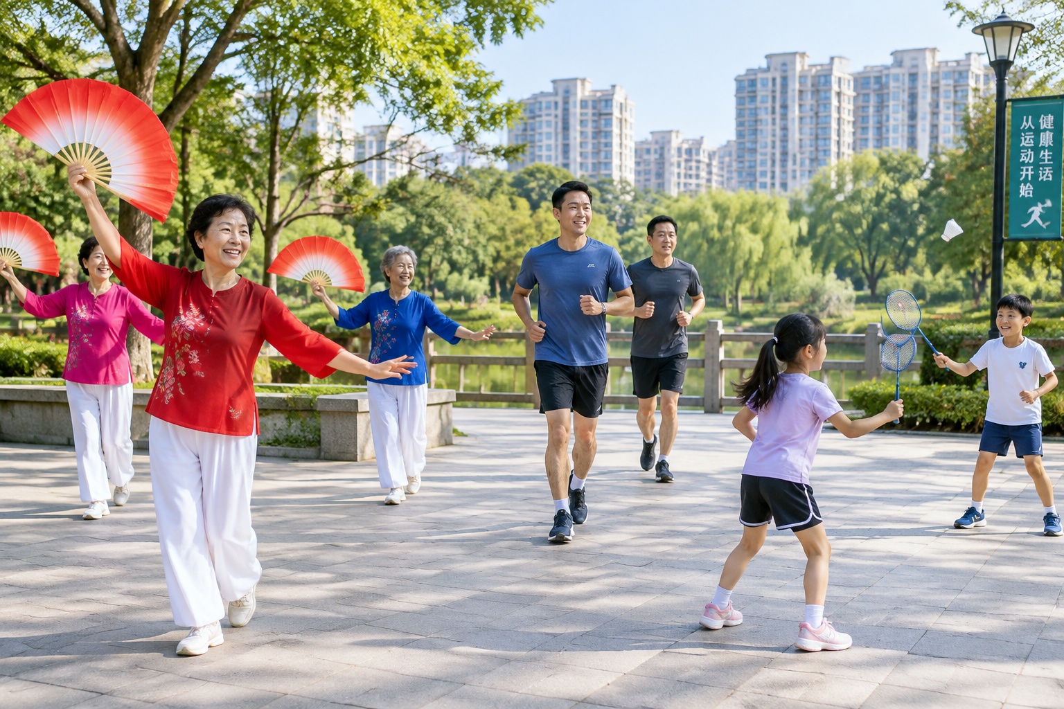 Chinese people exercising in a public park at sunrise, from dance groups to joggers