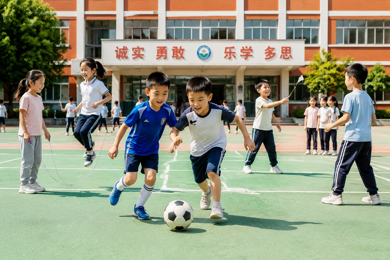 Chinese elementary school students playing soccer and jumping rope during PE class on a sunny playground