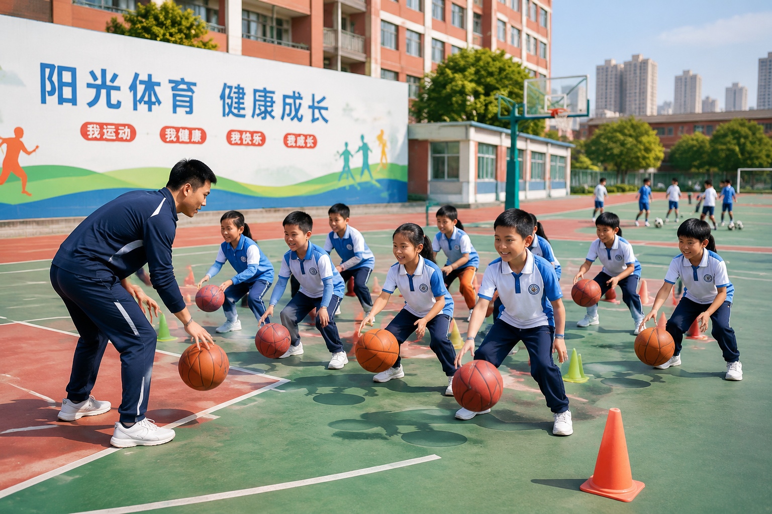 Students learning basketball dribbling during a PE lesson at a Chinese elementary school