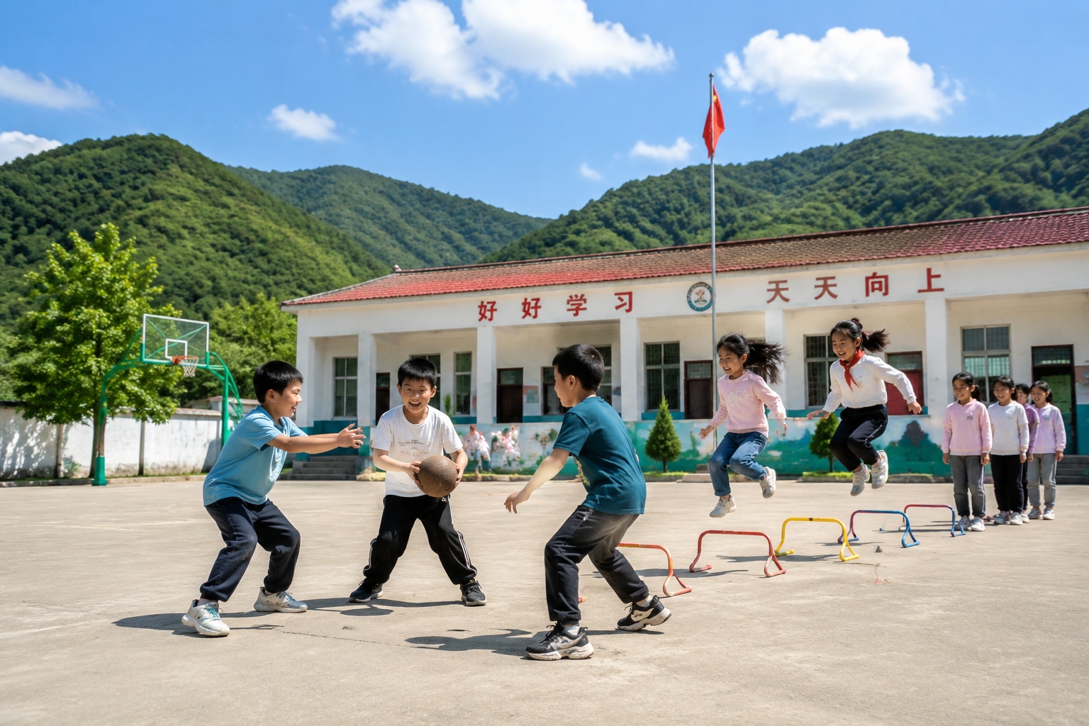 Rural Chinese school children enjoying a physical education class on a simple playground