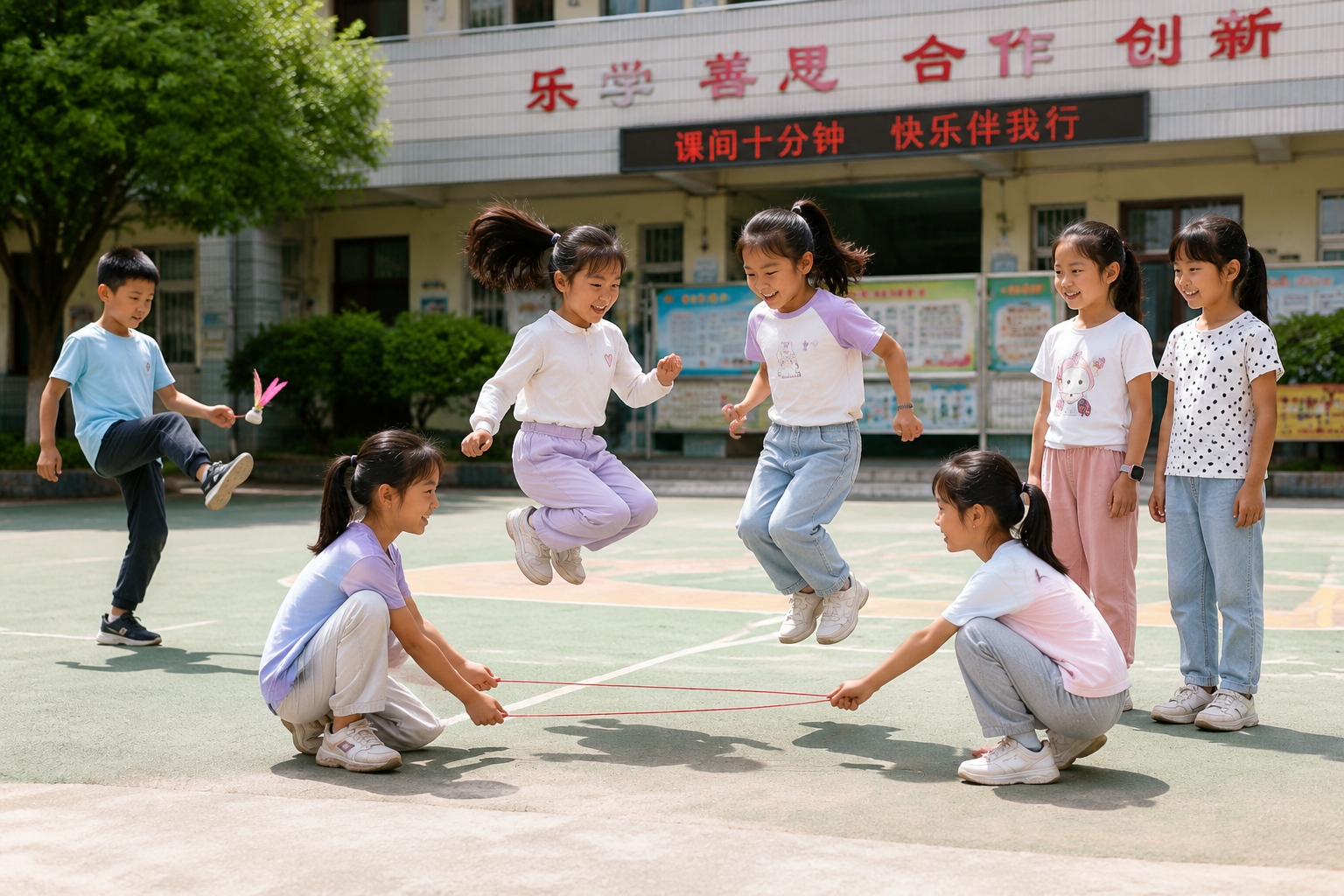 Children playing traditional Chinese games like rubber band jumping and shuttlecock kicking during school recess