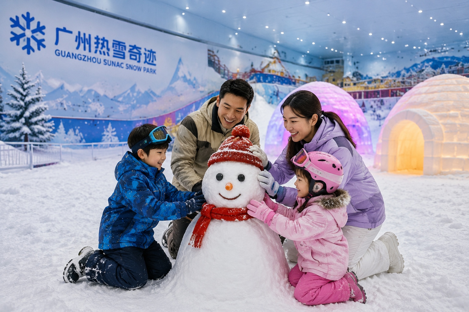 Family with children enjoying the snow play area at a southern China indoor ski resort