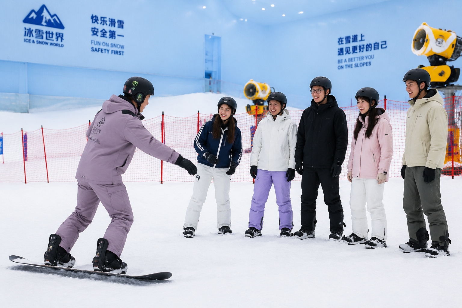 Ski instructor teaching a beginner snowboarding lesson at an indoor ski resort in Shenzhen
