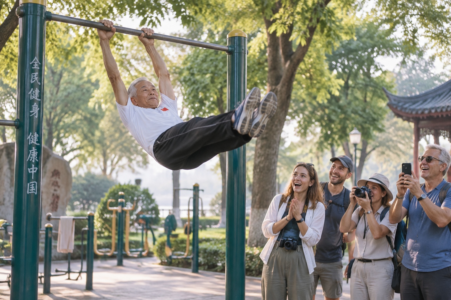 Chinese Grandpas Spinning on Bars, Leaving Foreign Tourists Stunned
