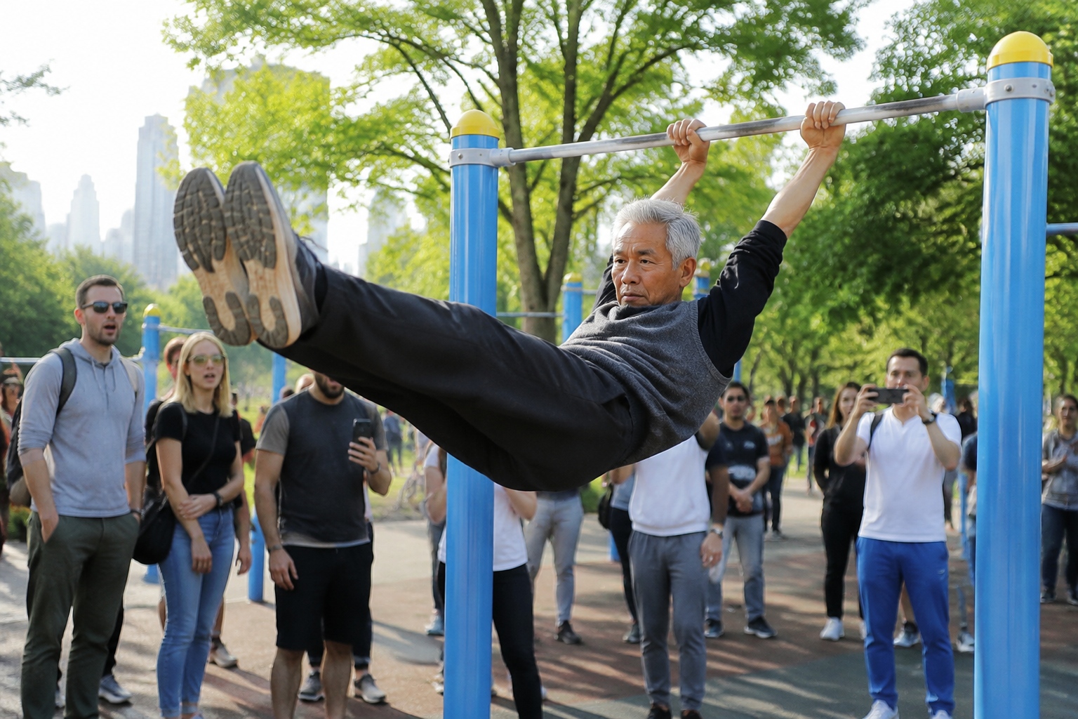 Chinese elderly man performing a giant swing on a pull-up bar while tourists watch in a Beijing park