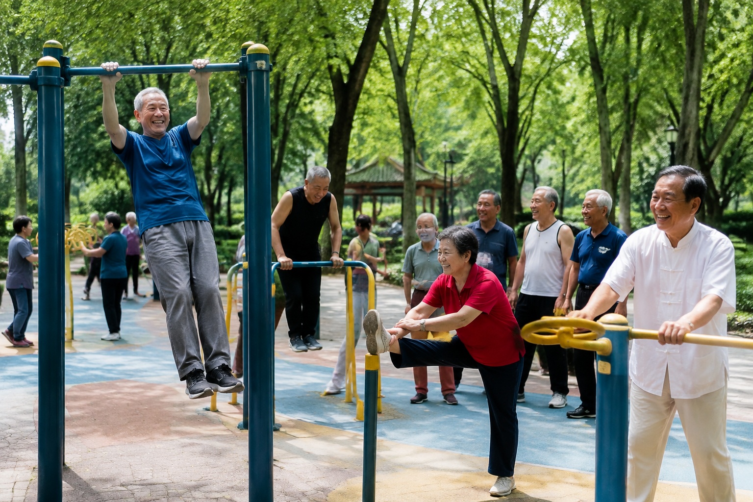 Outdoor gym area in a Chinese park filled with senior citizens exercising on bars and other equipment
