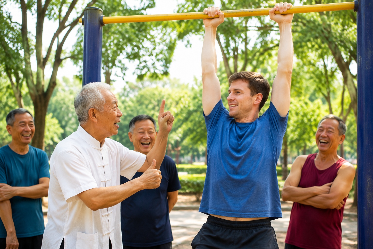 Chinese senior teaching a young foreign tourist how to do a pull-up in a park