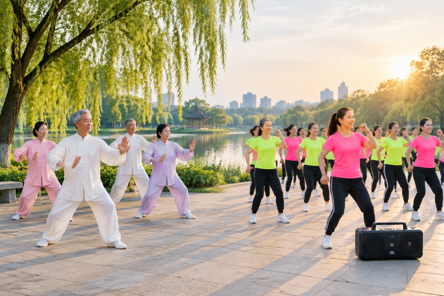 Morning park scene in China with tai chi practitioners on the lawn and square dancers on the plaza, contrasting quiet and energetic exercises