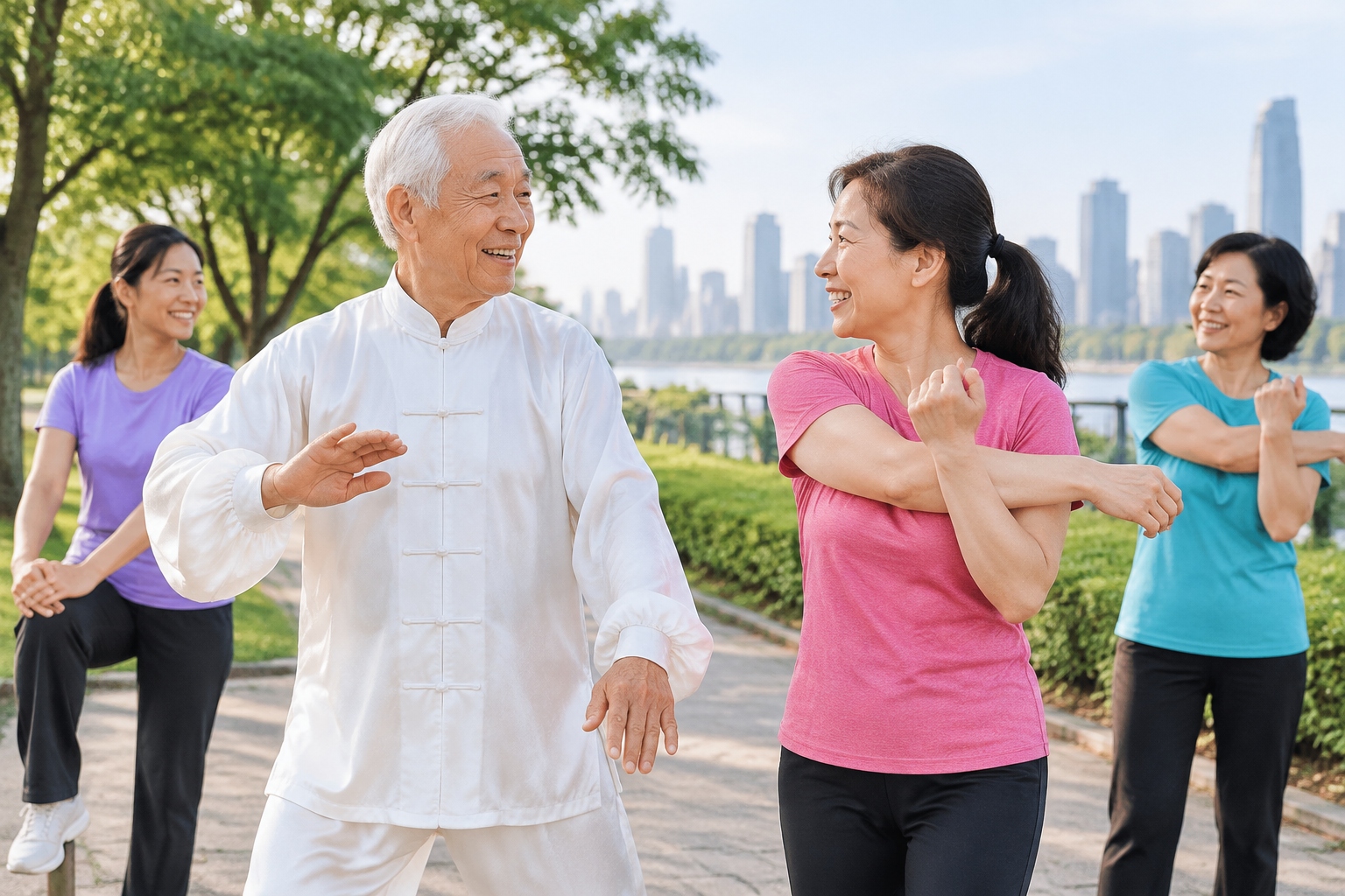 A tai chi senior and square dance group sharing a moment in a Chinese park, showing cross-cultural harmony